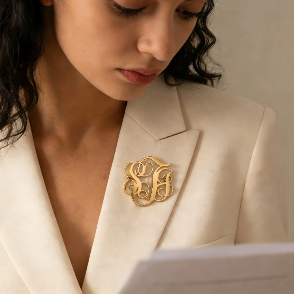 Vintage Brooch Pin - Custom Cursive Monogram Brooch Personalized Stainless
