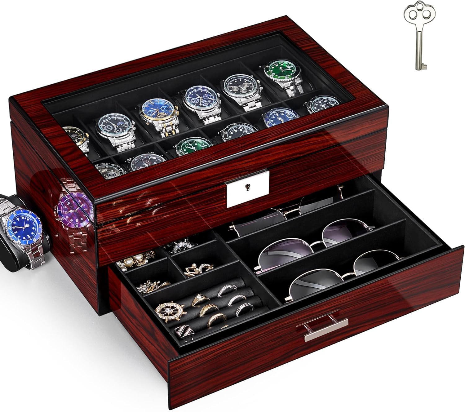 Jewelry Watches Men - 12-Slot Watch Box with Glass Lid,