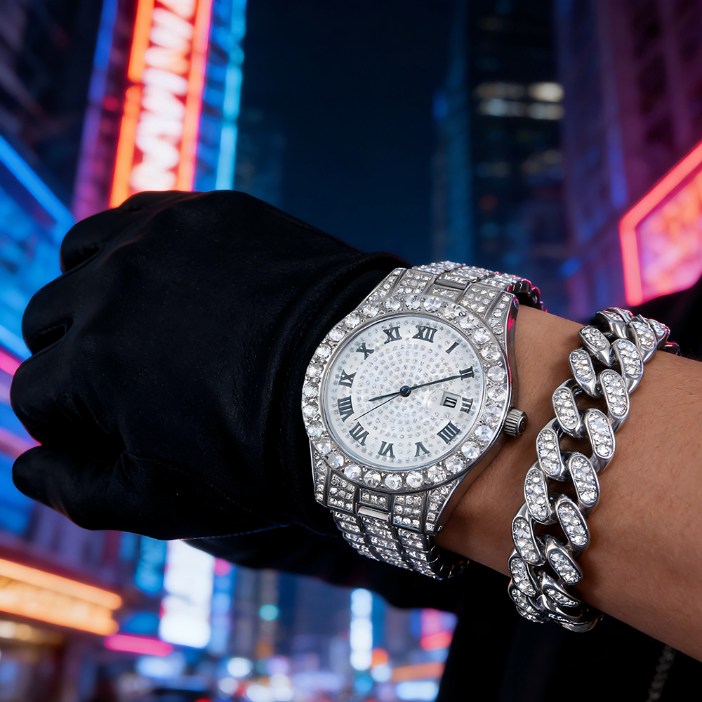 1 Hip-hop Full Diamond Silver  - Jewelry Watches Men avis et prix