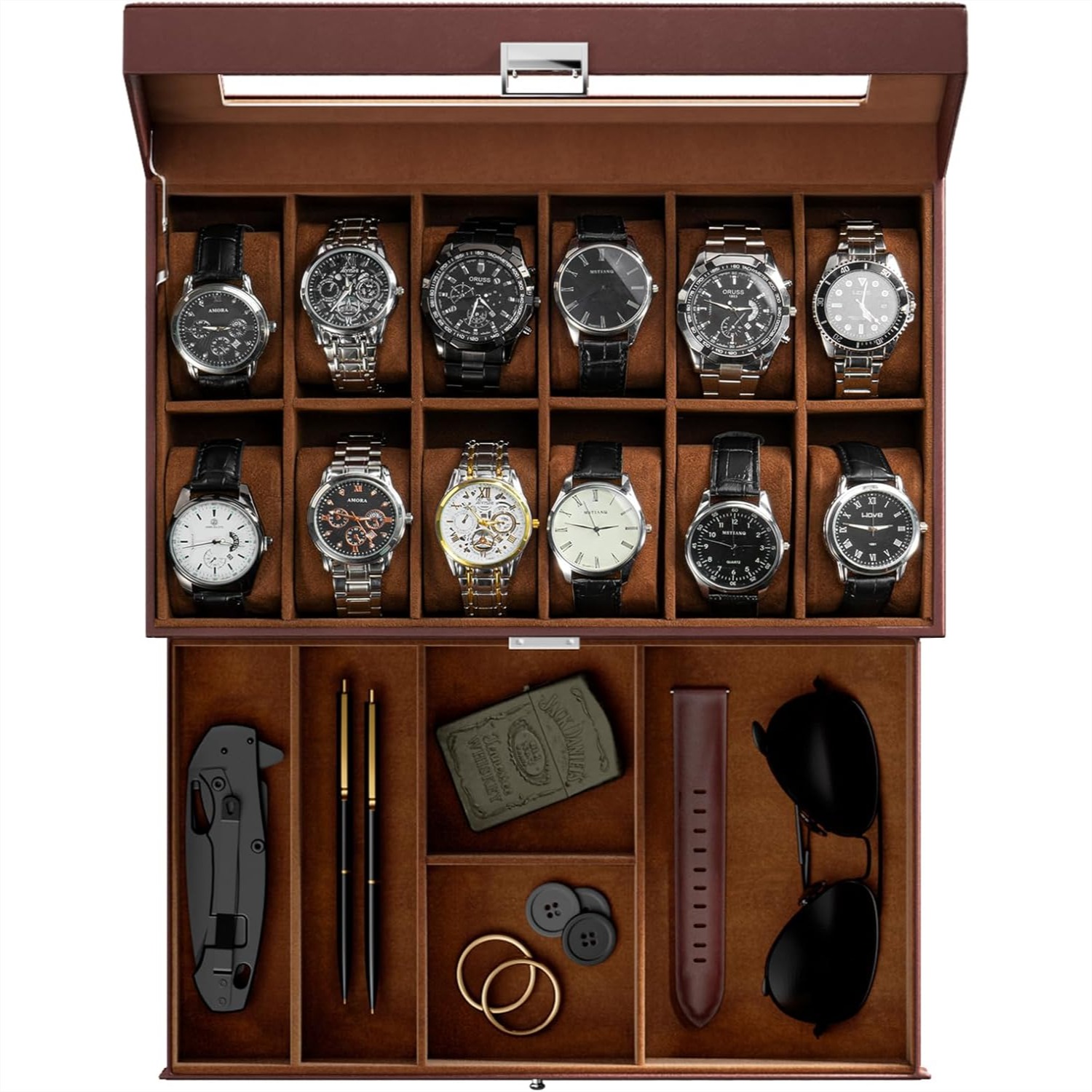 12 Slot Watch Box with Drawer, - Jewelry Watches Men avis et prix