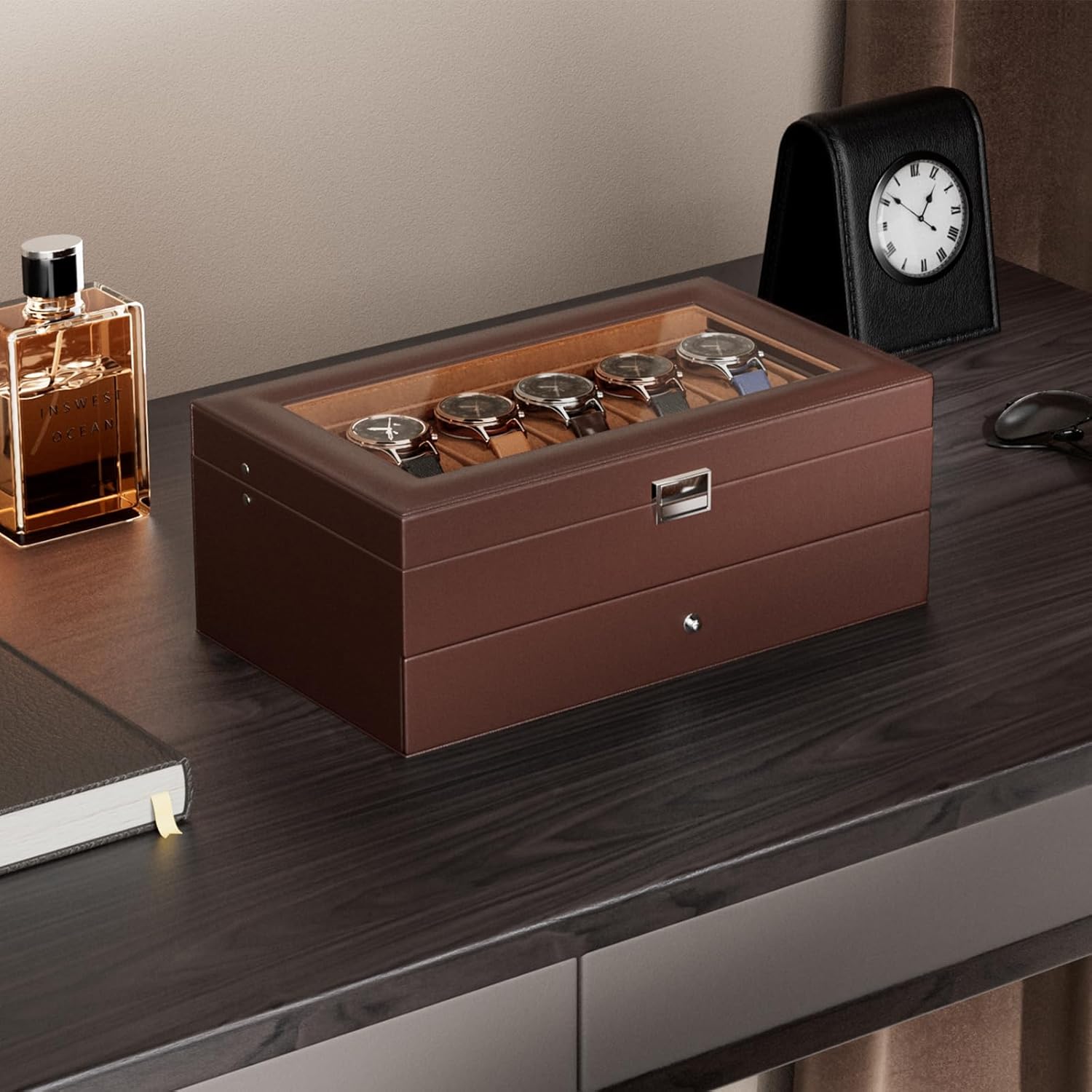 12 Slot Watch Box with Drawer, - Jewelry Watches Men avis et prix