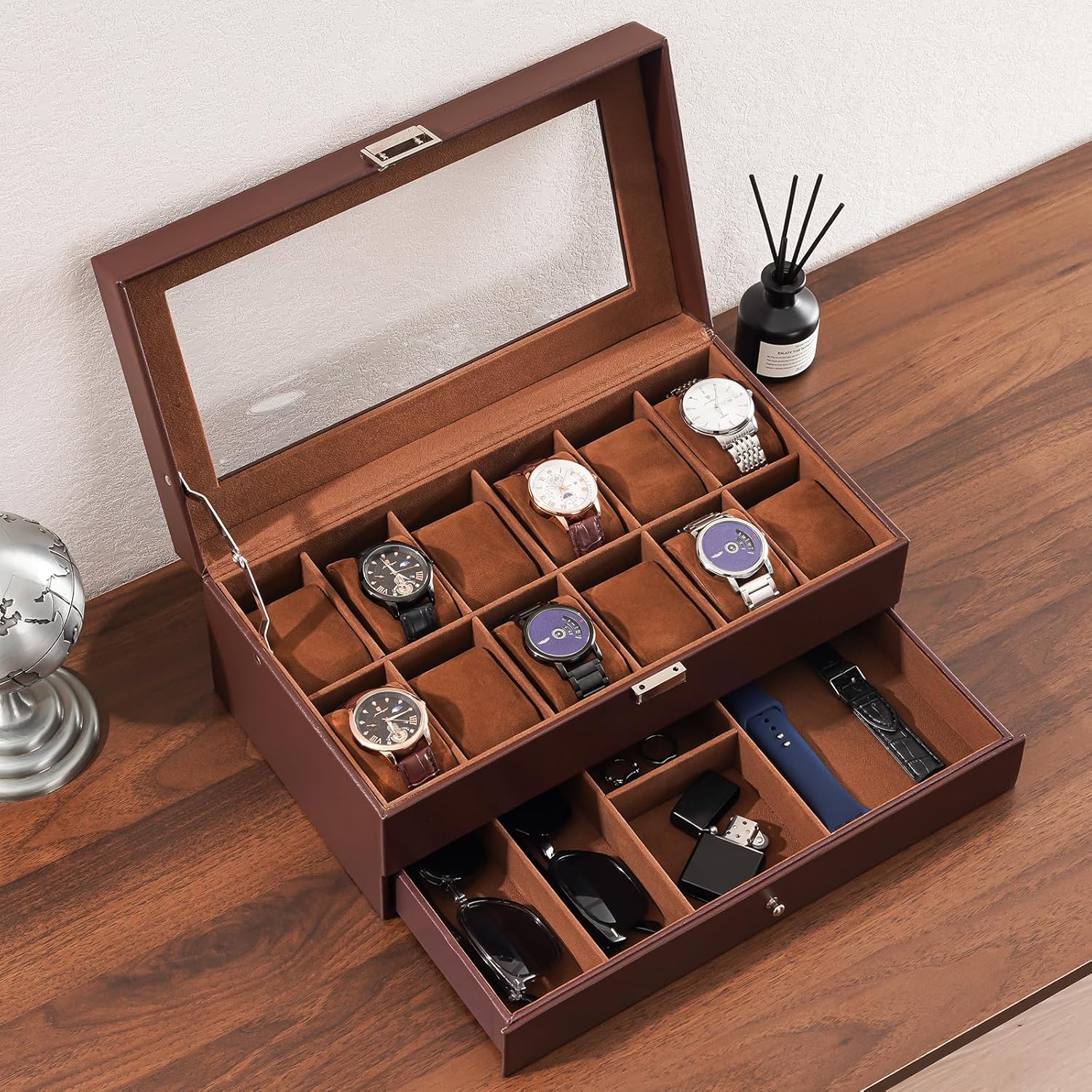 12 Slot Watch Box with Drawer, - Jewelry Watches Men avis et prix