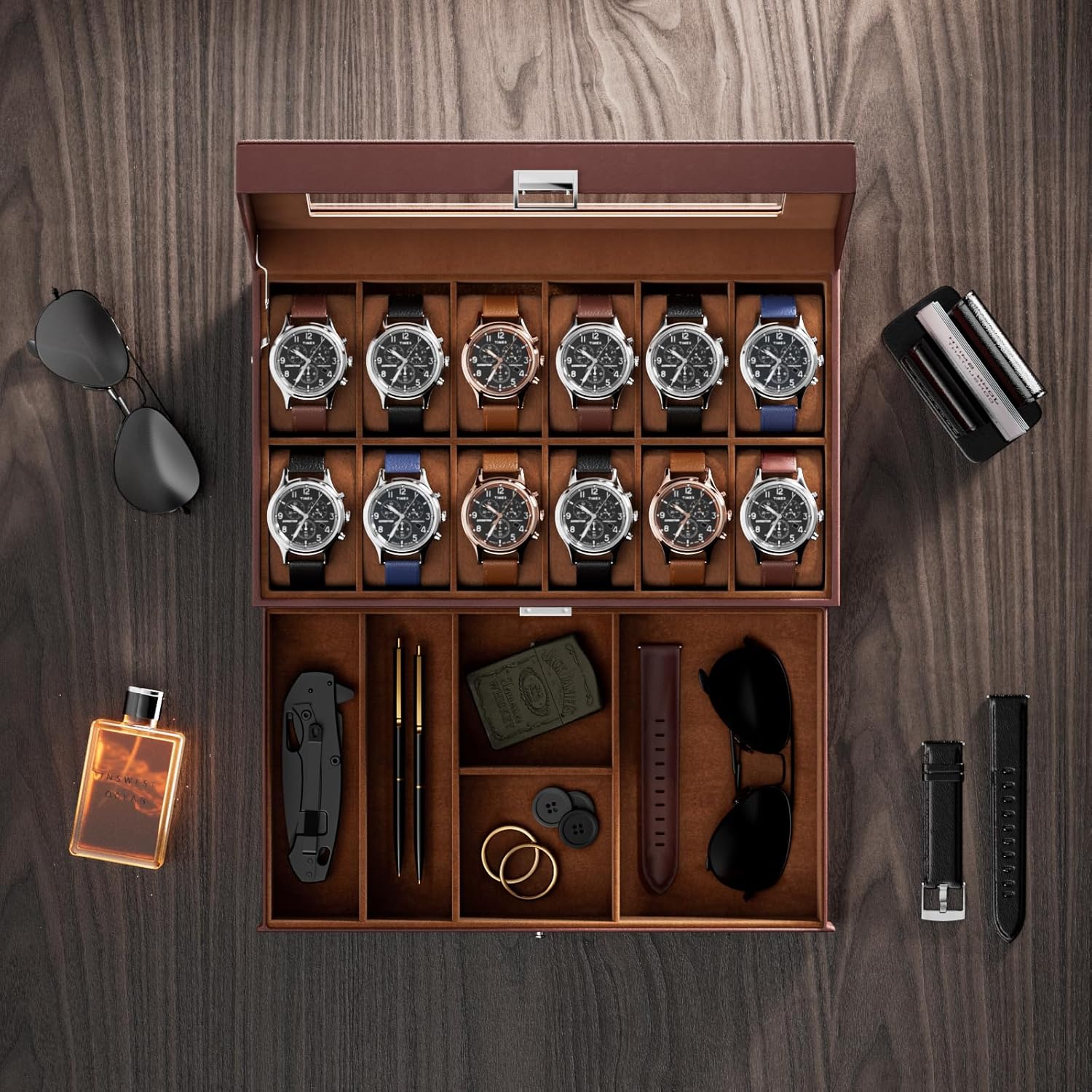 12 Slot Watch Box with Drawer, - Jewelry Watches Men avis et prix