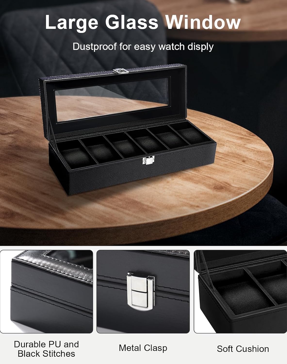 6 Slot Watch Box with Glass Li - Jewelry Watches Men avis et prix