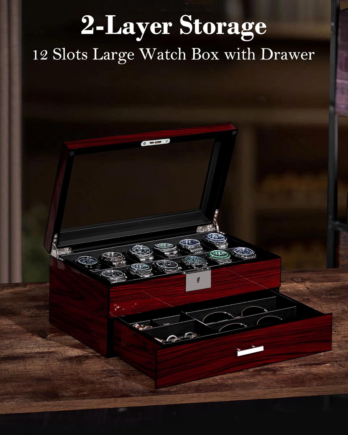 12-Slot Watch Box with Glass L - Jewelry Watches Men avis et prix
