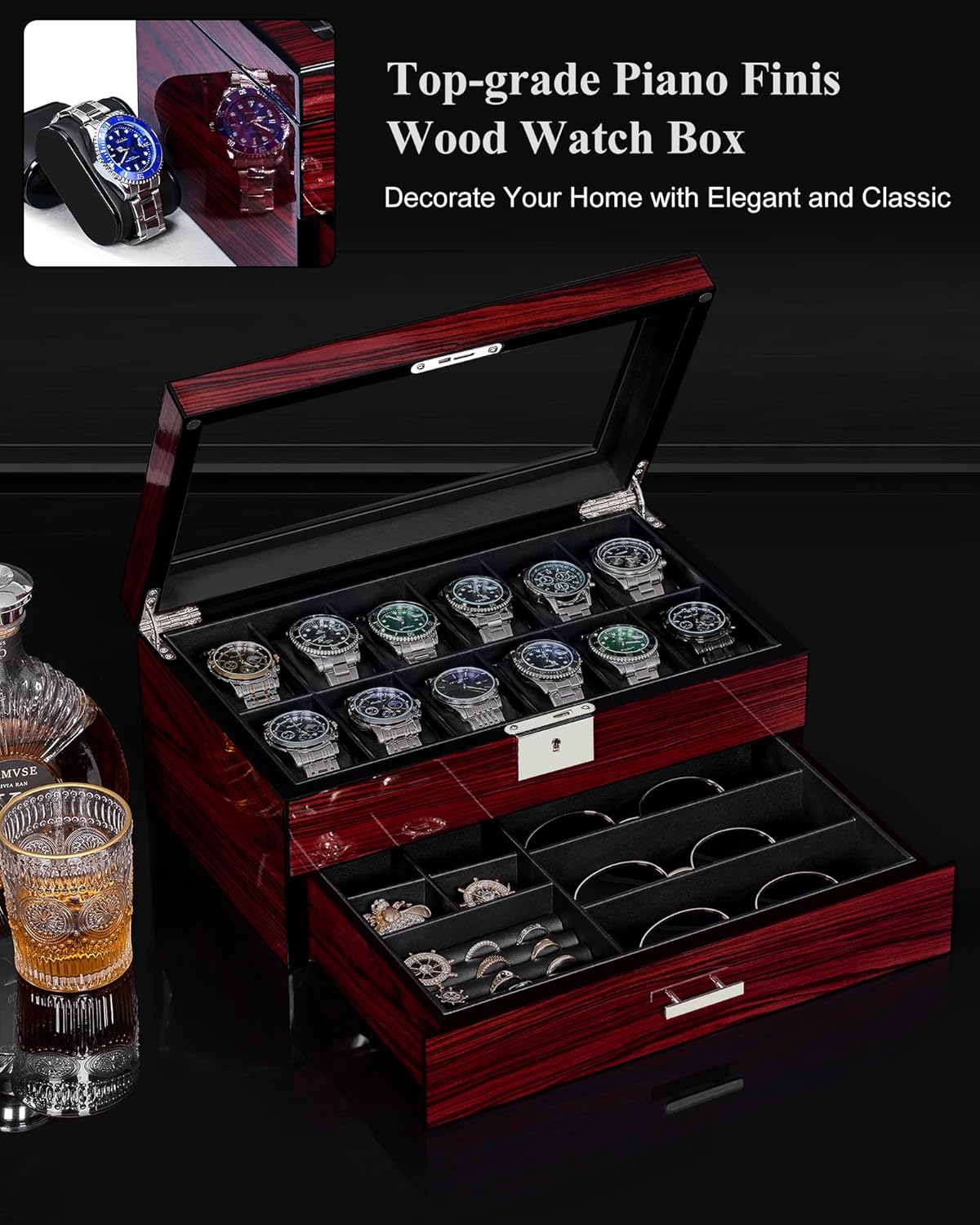 12-Slot Watch Box with Glass L - Jewelry Watches Men avis et prix